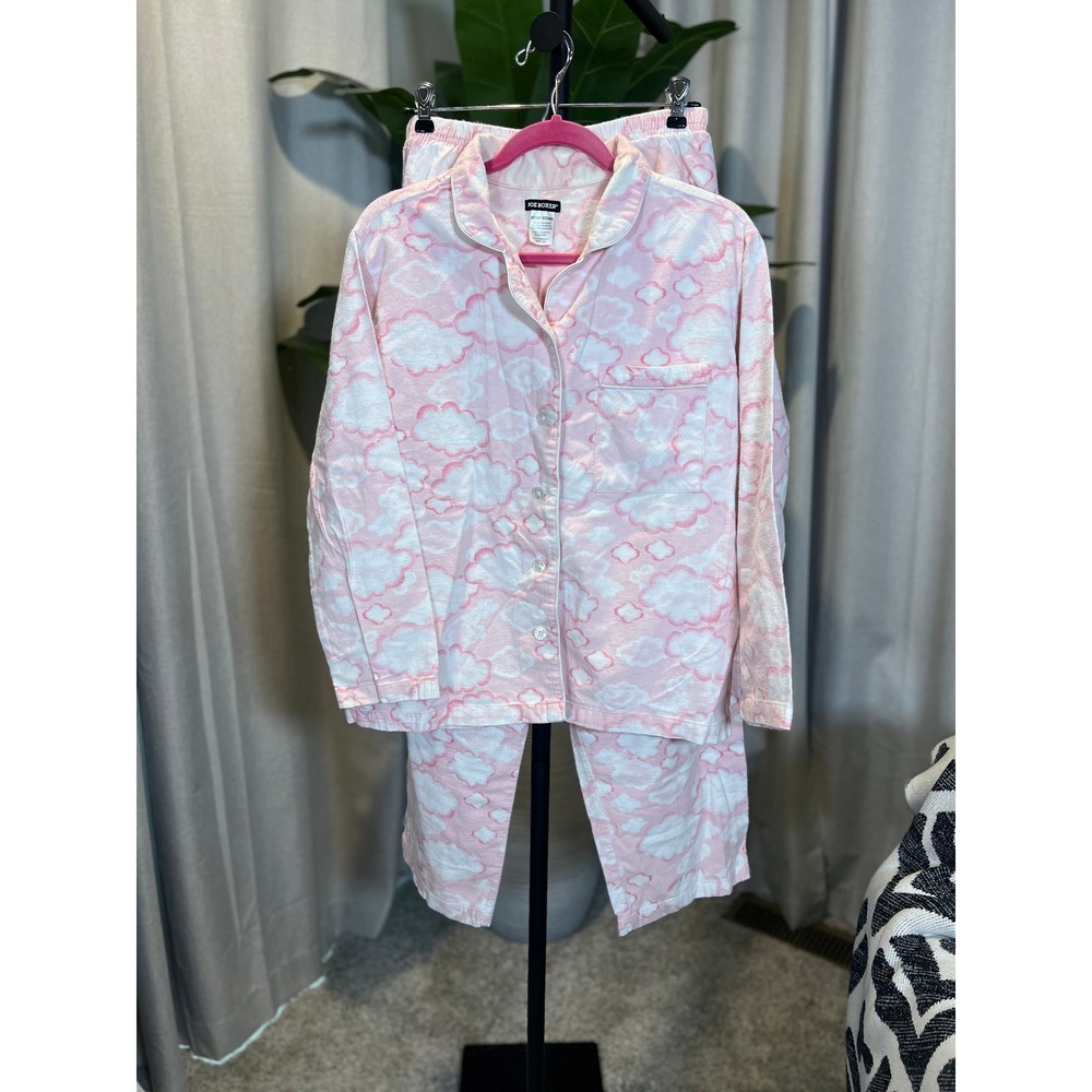 Joe Boxer Pink White Cloud Print Flannel Pajama Set Womens Medium 2pc Sleepwear